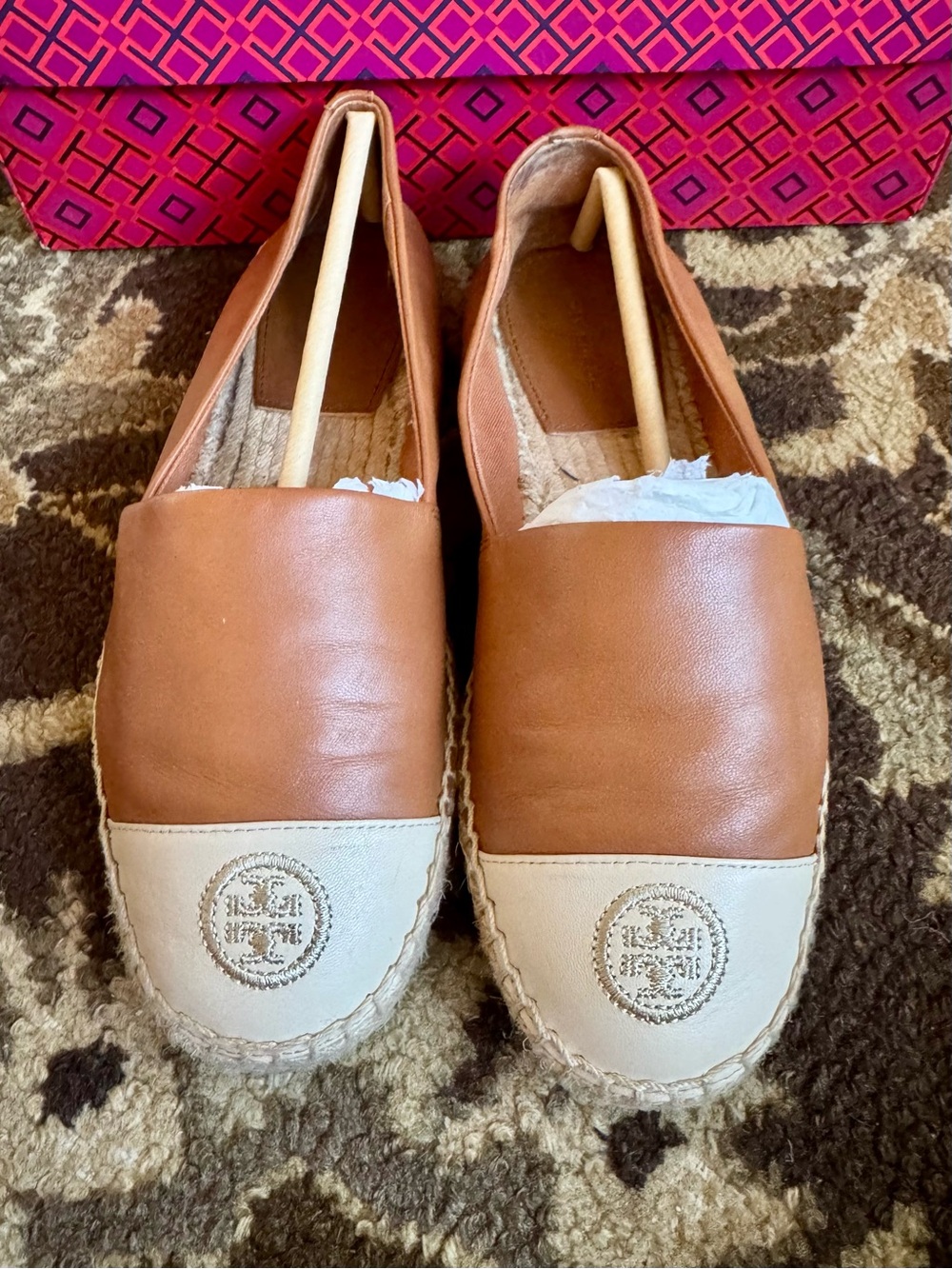 Tory Burch Two-Tone Leather Espadrilles — Brown & Cream